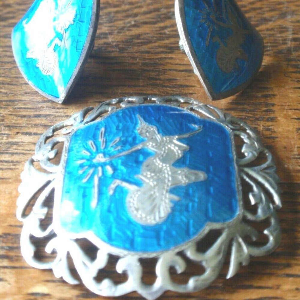 Sterling Siam Baby Blue Enameled Octagon Brooch and Shield Earrings